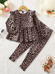 Girls 2pcs Leopard Print Long Sleeve Top & Pants Set Ruffle Casual Kids Clothes