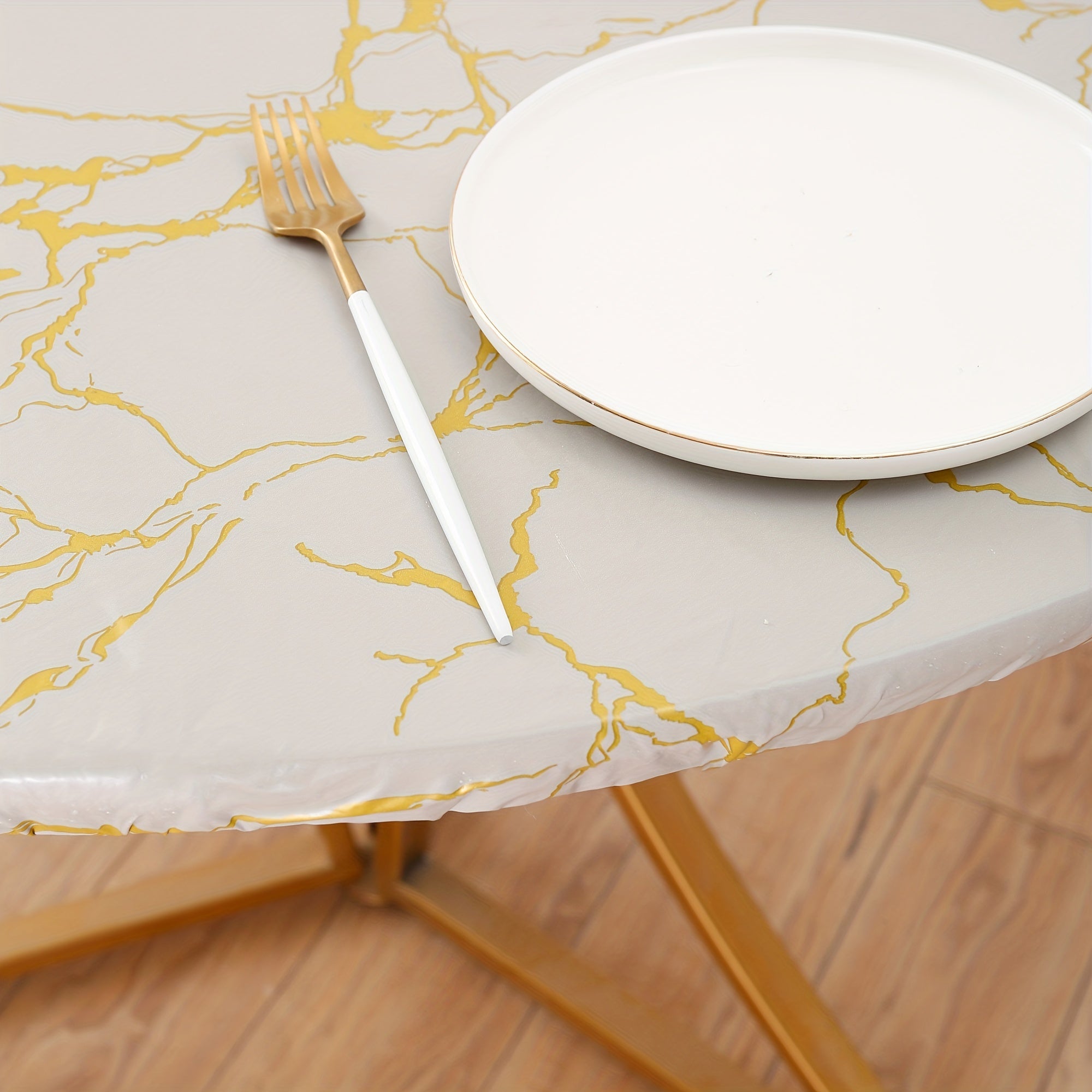 Round Marble Style Elastic Tablecloth Waterproof Proof