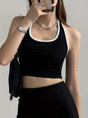 Y2K Halter Neck Crop Top Backless Contrast Trim