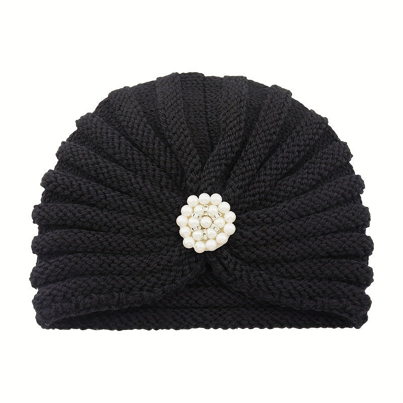 Faux Pearl Pleated Turban Cap Knit Head Wrap Beanie Warm Hat Ramadan Hijab Chemo