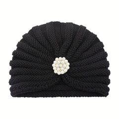 Faux Pearl Pleated Turban Cap Knit Head Wrap Beanie Warm Hat Ramadan Hijab Chemo