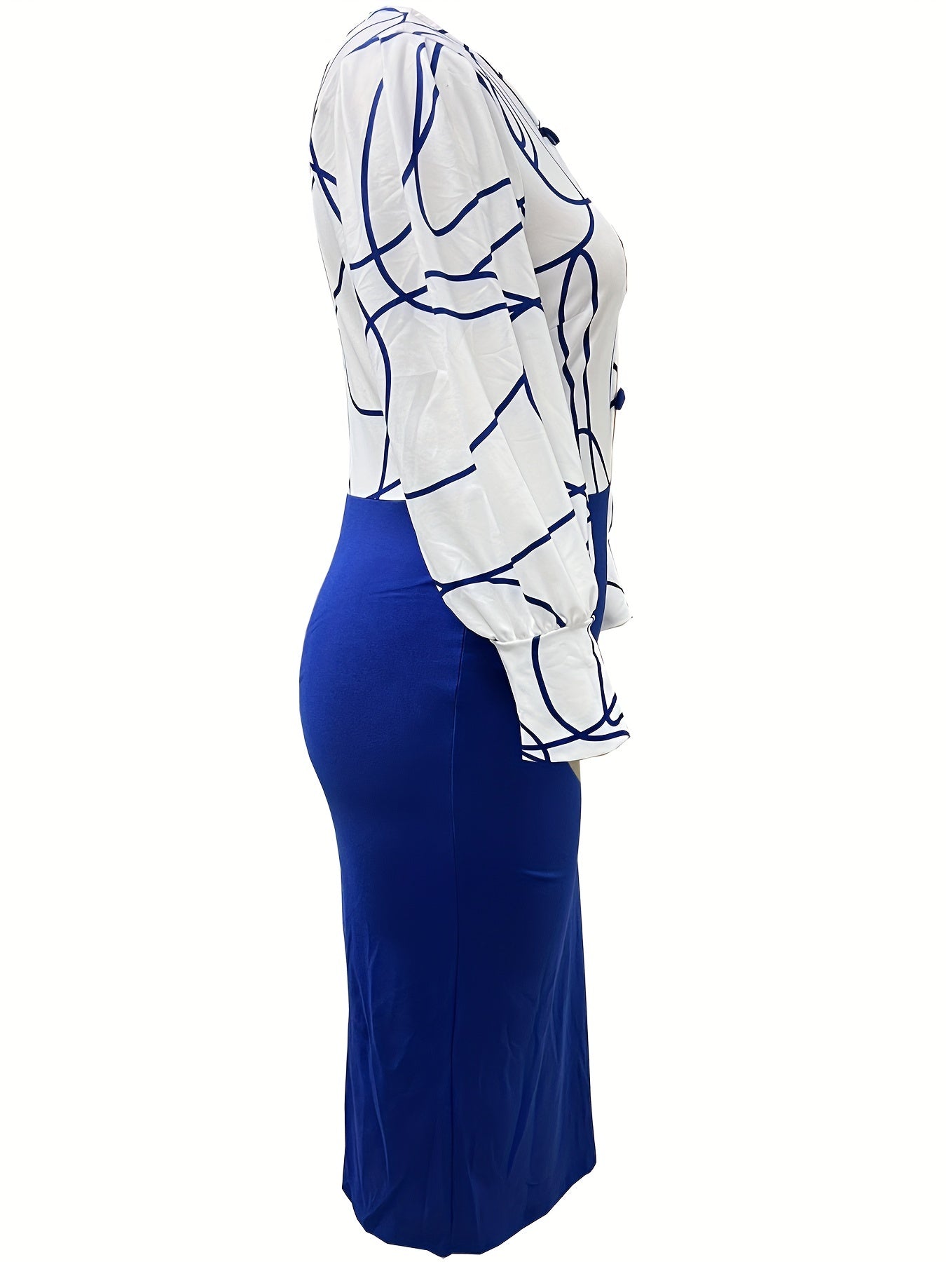 Abstract Print Split Dress Lantern Sleeve Crew Neck