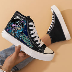 Horror Pattern Lightweight High Top Canvas Sneakers Lace Up Flat Shoes