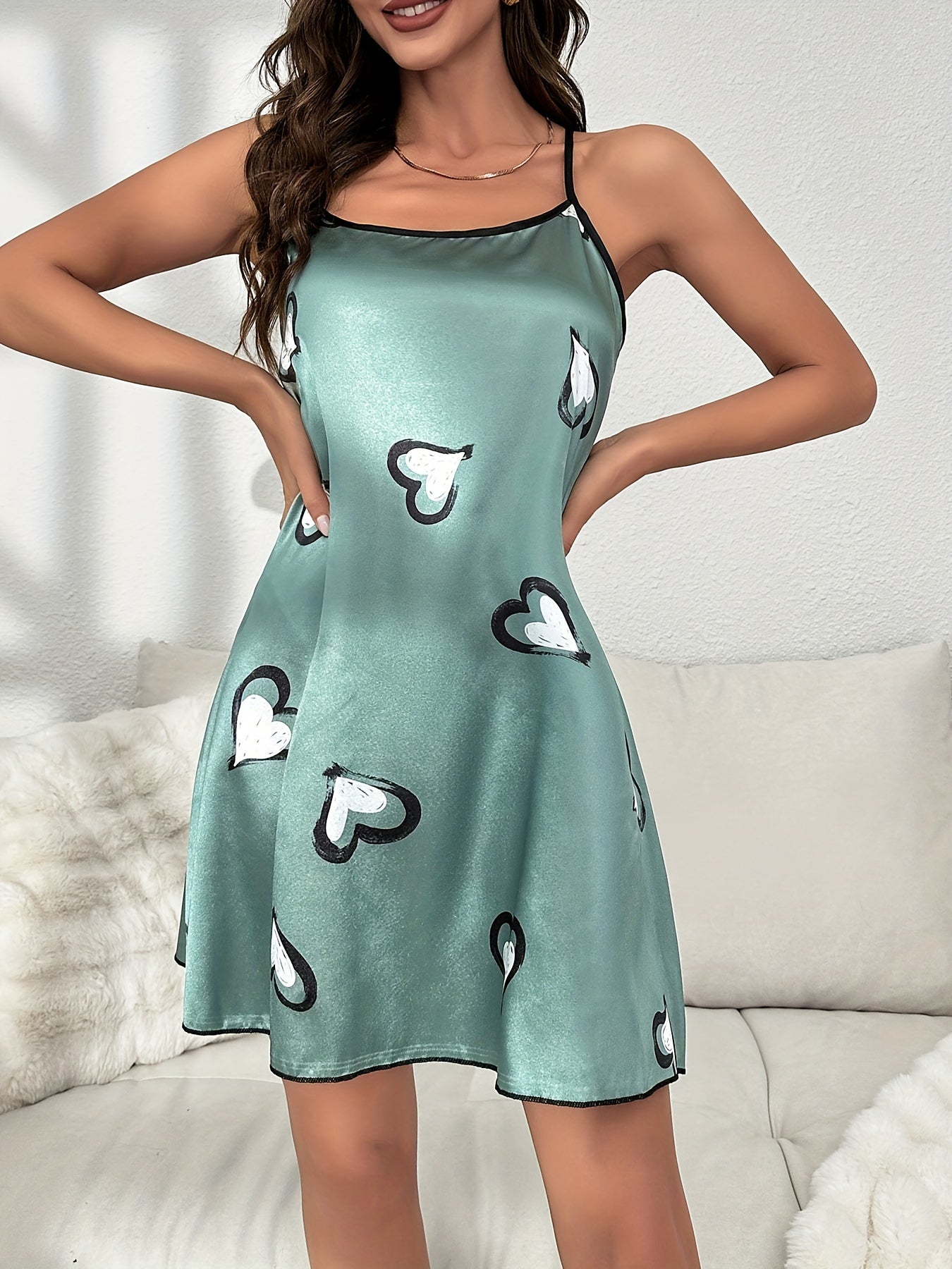 Heart Print Nightdress Criss Cross Back Spaghetti Strap Sleep Dress