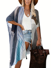 Stripes Print Side Split Tassel Cardigan Cover Up Boho Style Kimono Beach Coveru