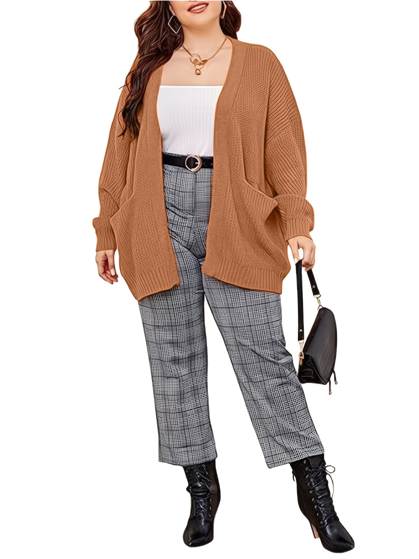 Solid Long Sleeve Open Front Cardigan With Pockets