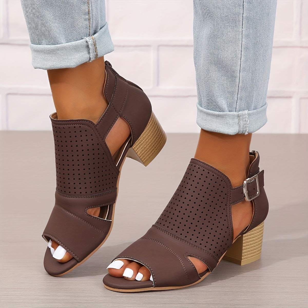 Women's Peep Toe Low Heeled Sandals Perforated Buckle Strap
