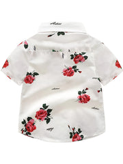 Boys Flower Cotton Shirt Tops Short Sleeves Button Down Casual