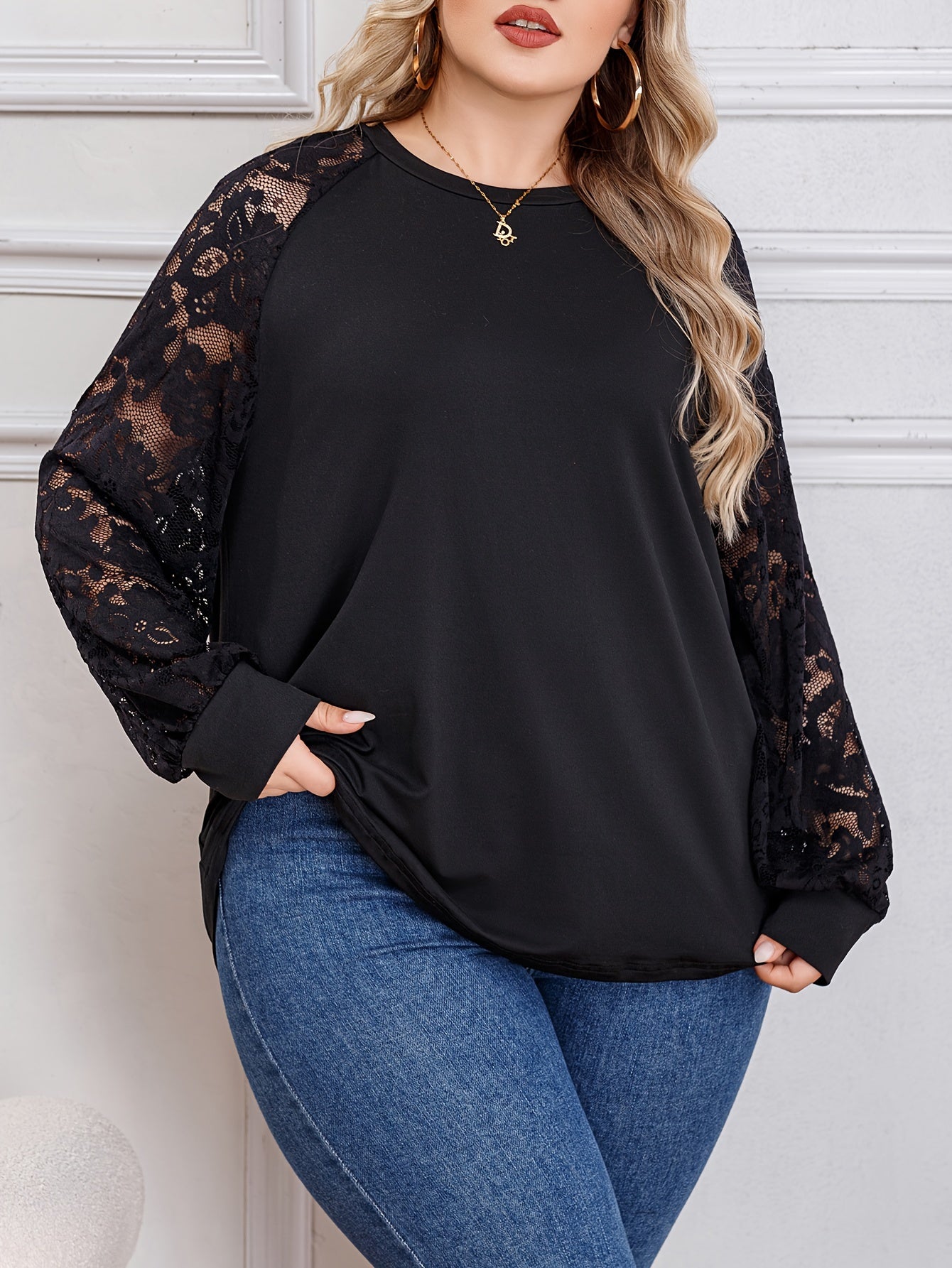 Casual Blouse Women's Plus Solid Contrast Lace Long Sleeve
