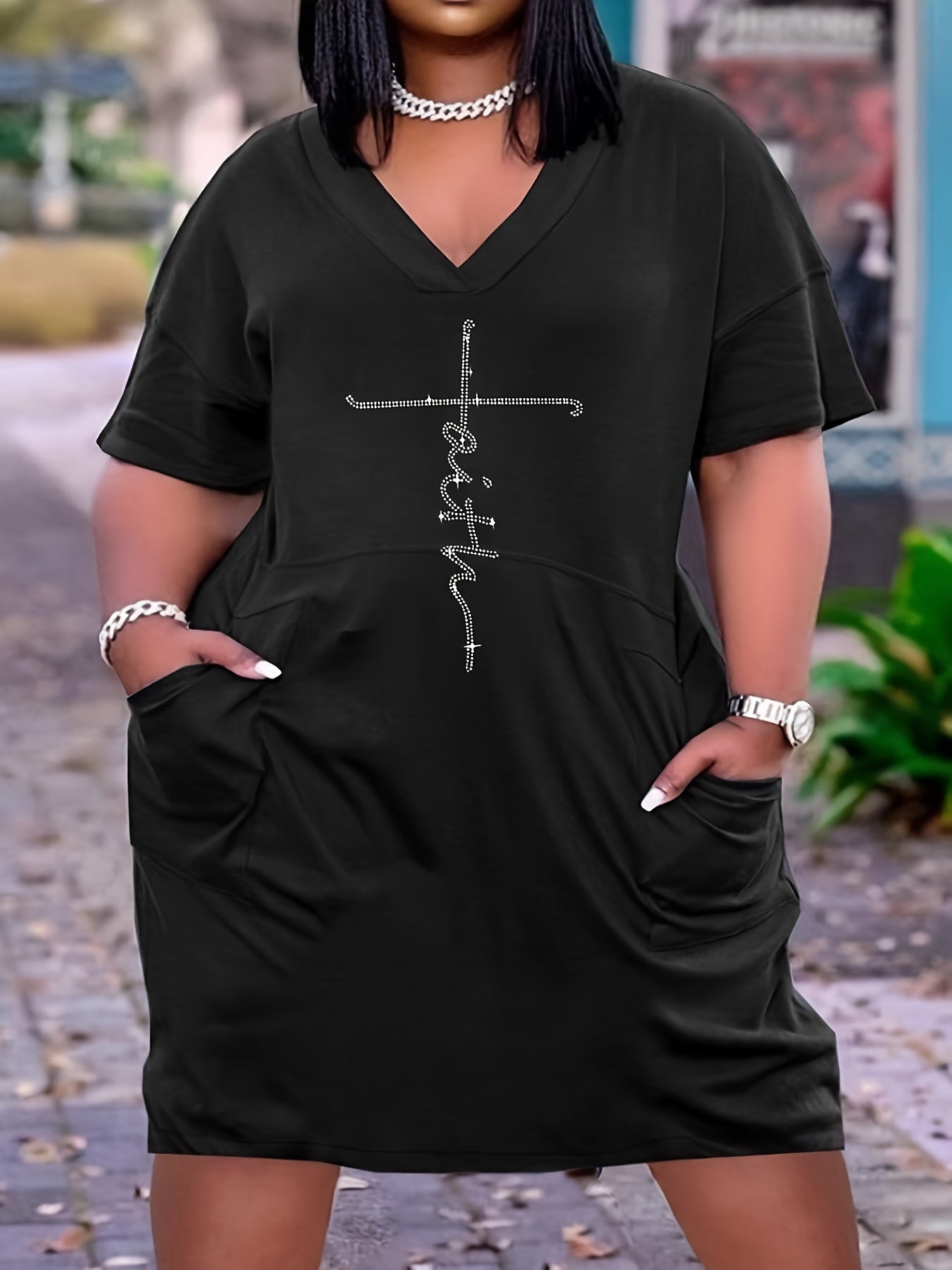 Rhinestone Letter V Neck Dress