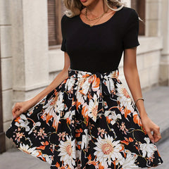 Floral Print Belted Dress Short Sleeve - Vacation Dress