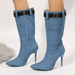 Women's Denim Stiletto Heeled Boots Side Zip Point Toe Long Buckle Strap Boots