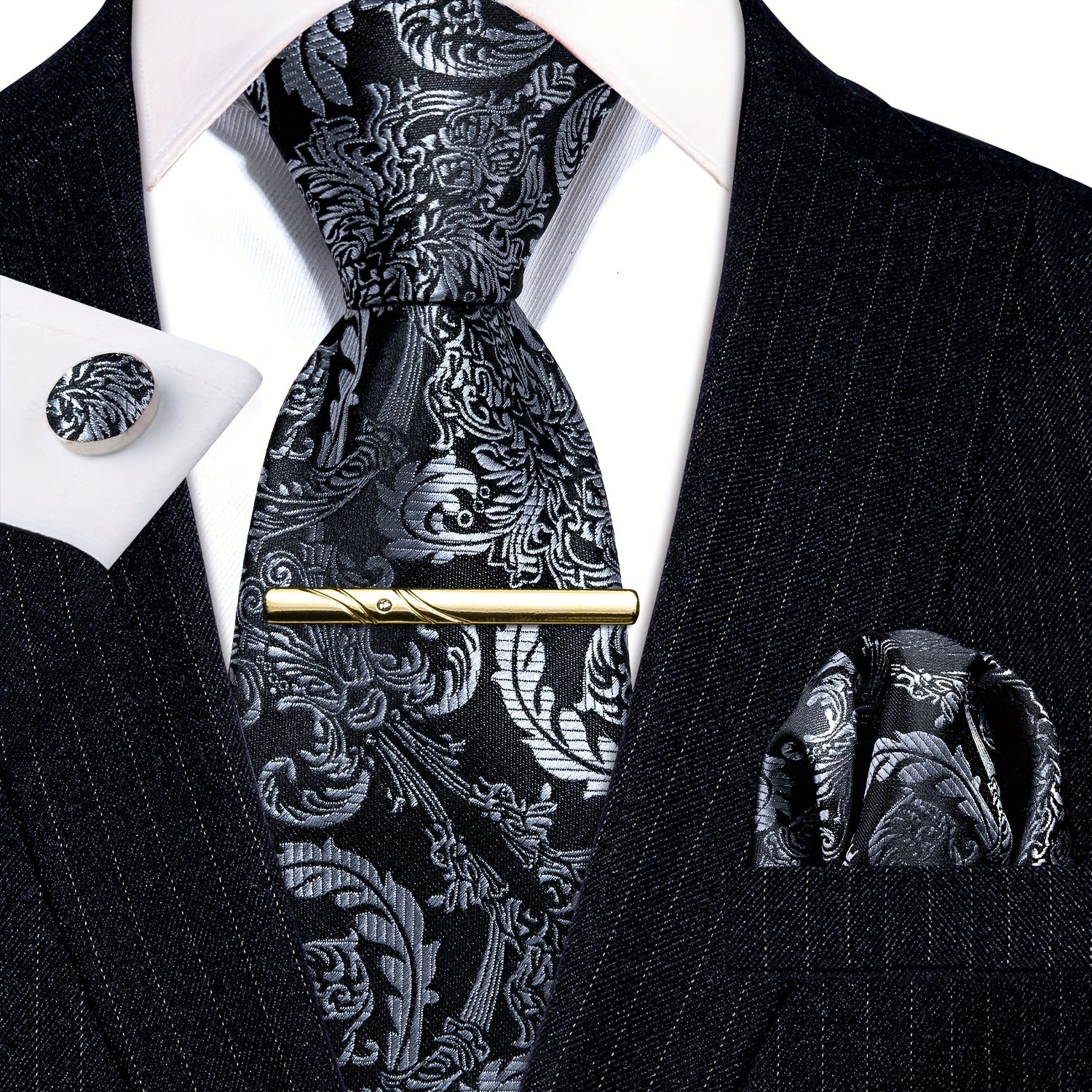 Barry Wang Black&White Floral Paisley Necktie Set