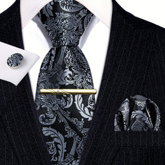 Barry Wang Black&White Floral Paisley Necktie Set