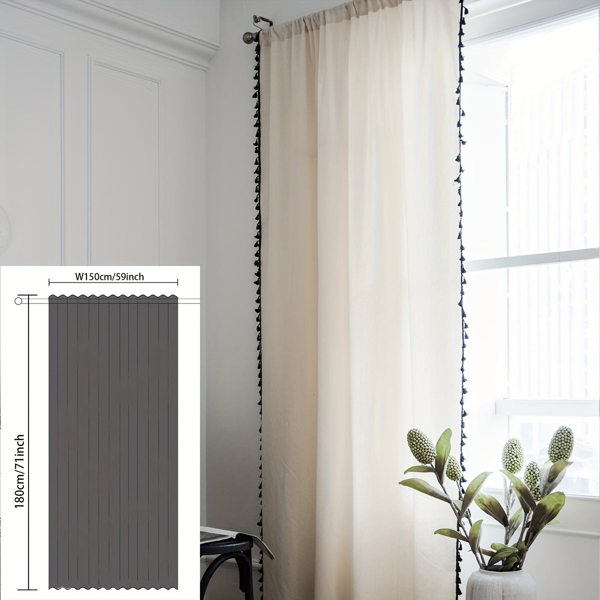 Plain Burlap Tassel Curtains Semi Blackout Kitchen Curtains