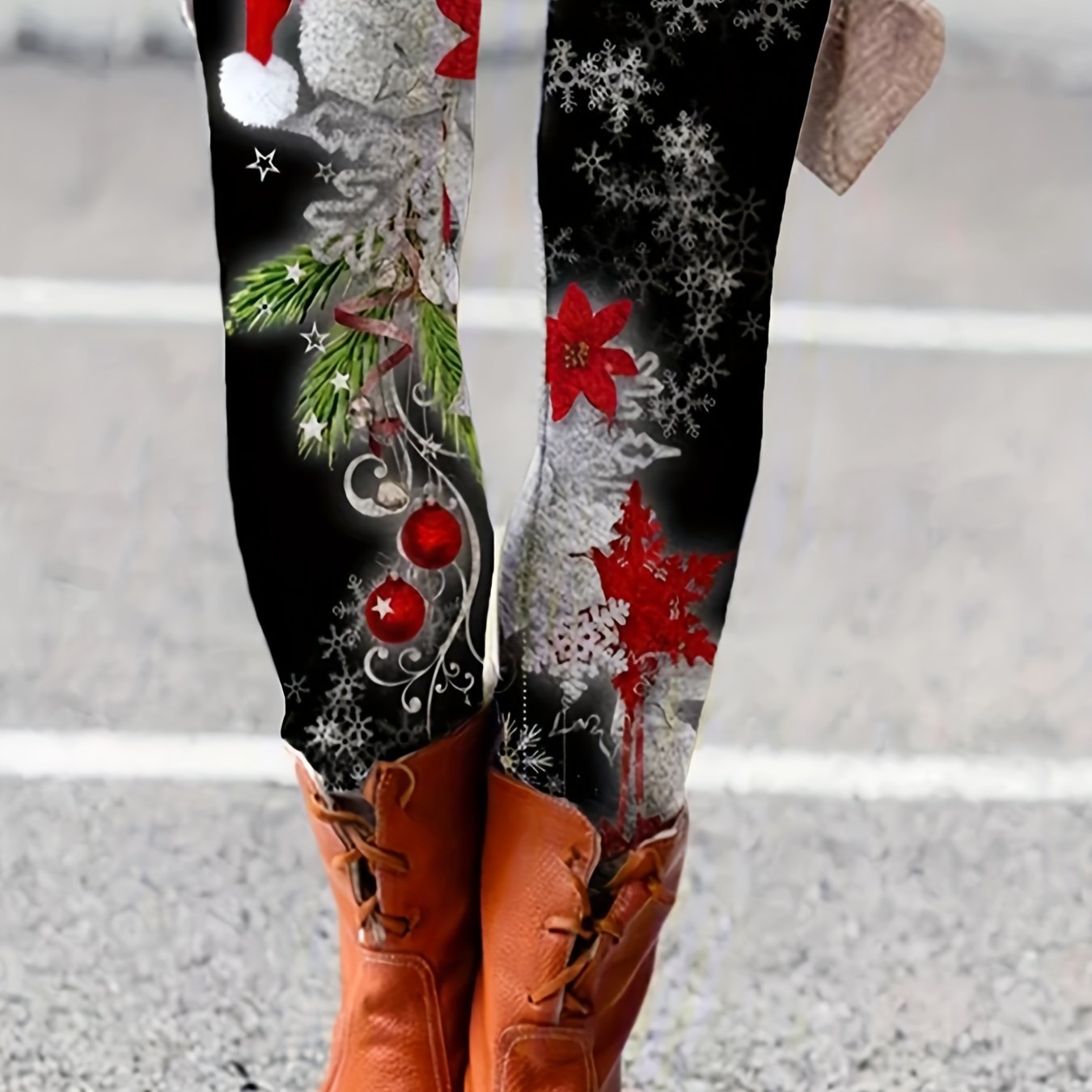 Christmas Leggings Women's Plus Christmas Hat & Snowflake Print
