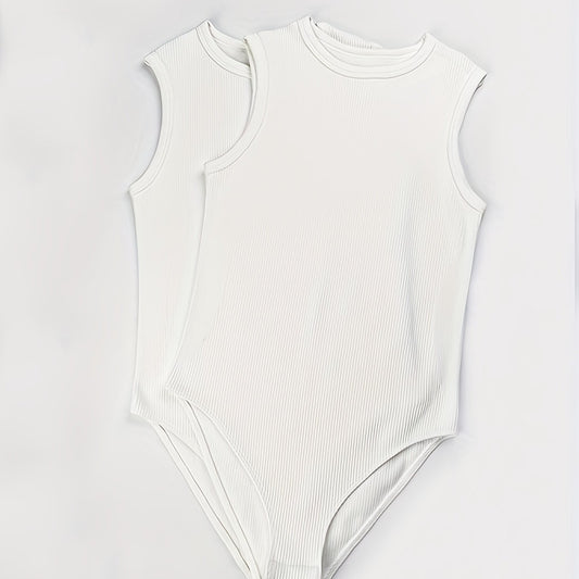 Ribbed Sports Bodysuit Short Sleeve Round Neck Jumpsuit