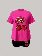 Women's Plus Cartoon Lips & Cherry Print T shirt & Shorts 2pcs Set
