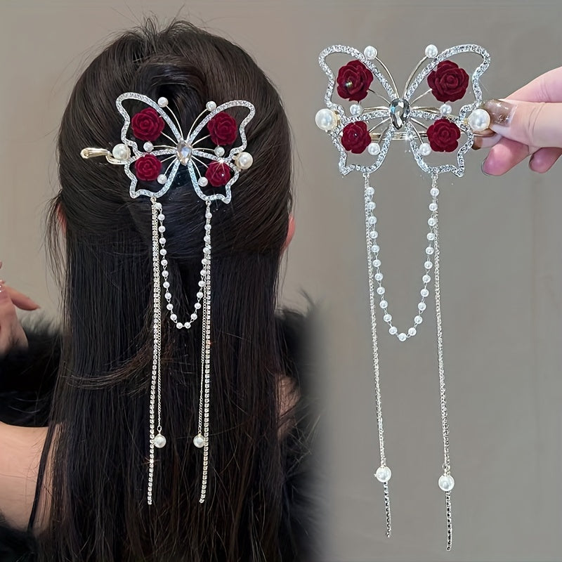 Girl's Tassel Rose Flower Barrette Vintage Rhinestone Hair Clip