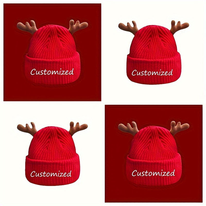 Personalized Christmas Red Knit Beanie Hat with Deer Antlers
