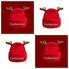 Personalized Christmas Red Knit Beanie Hat with Deer Antlers