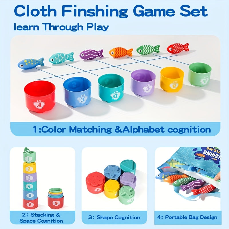 Kids Cloth Fishing Toys 2 Rods 18 Fish Cups Educational Set