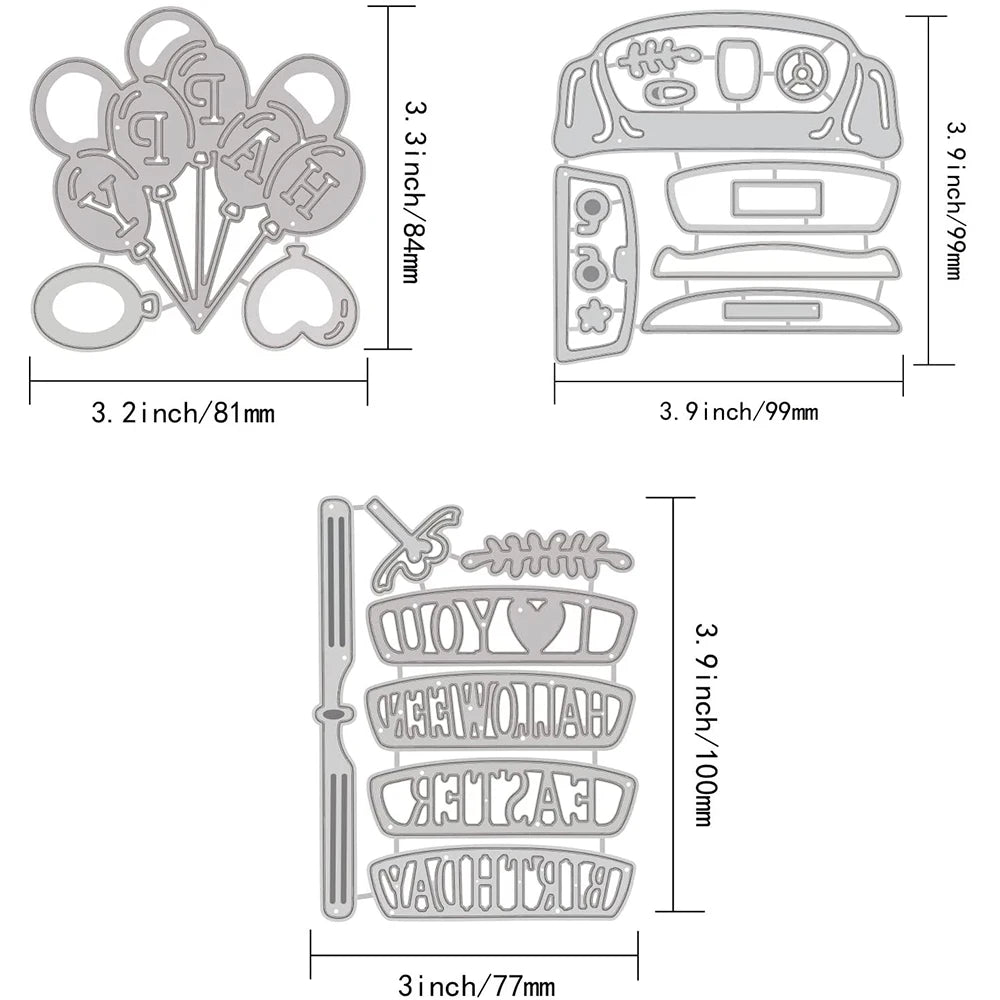 3pcs Happy Birthday Car Metal Cutting Dies Happy Easter Halloween Stencil