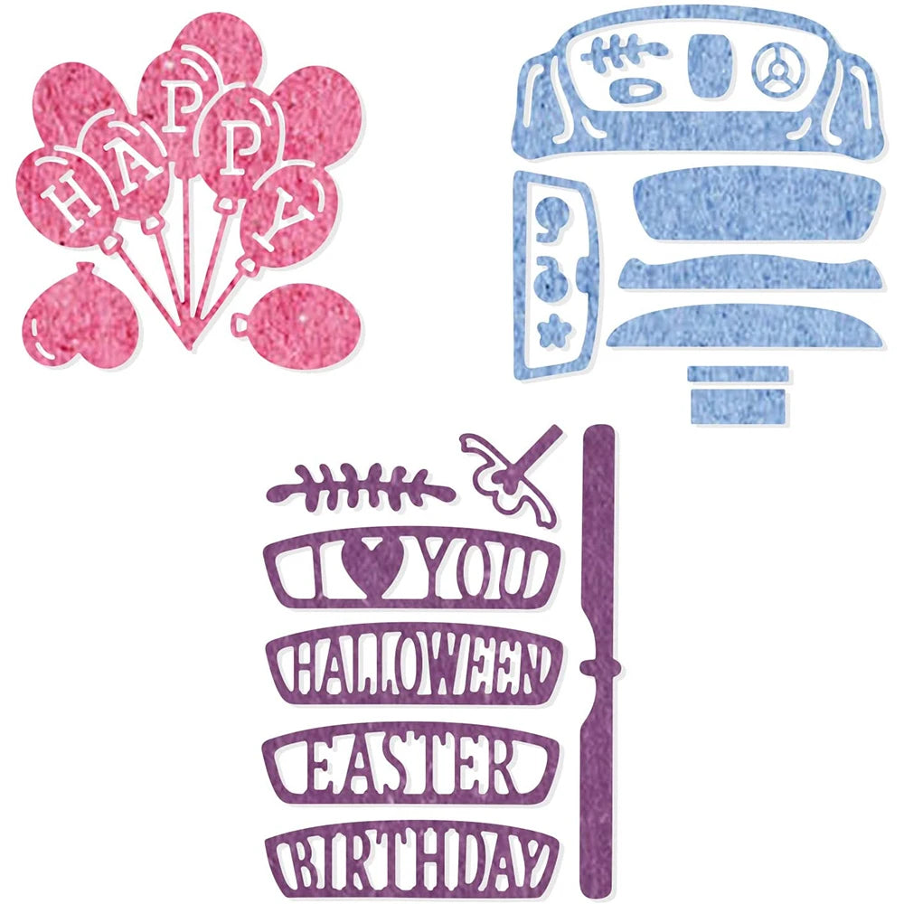 3pcs Happy Birthday Car Metal Cutting Dies Happy Easter Halloween Stencil