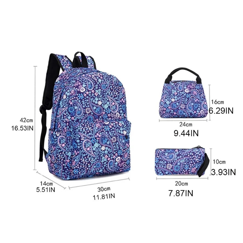 3pcs Teen Girls School Backpacks Lightweight Nylon Daypack Bookbags with Lunch B