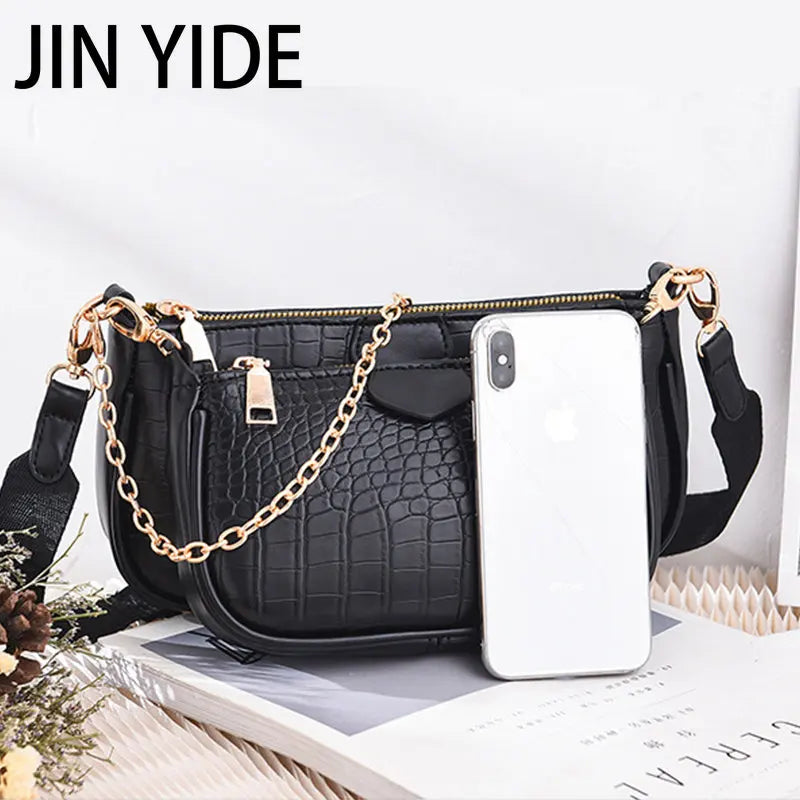 3pcs Women Handbag Set PU Leather Shoulder Messenger Chain Crossbody Purse