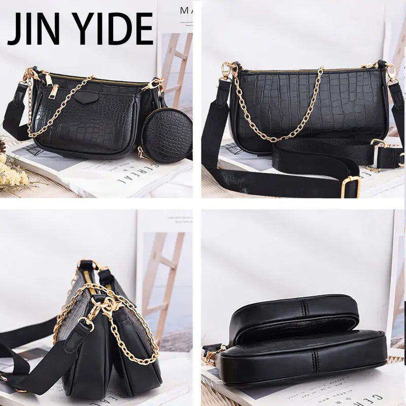3pcs Women Handbag Set PU Leather Shoulder Messenger Chain Crossbody Purse