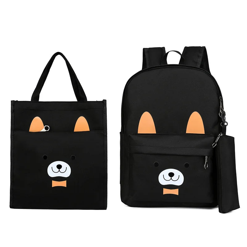 Cartoon Bear Girls Backpack Set Canvas School Bag Lightweight Travel