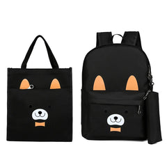 Cartoon Bear Girls Backpack Set Canvas School Bag Lightweight Travel