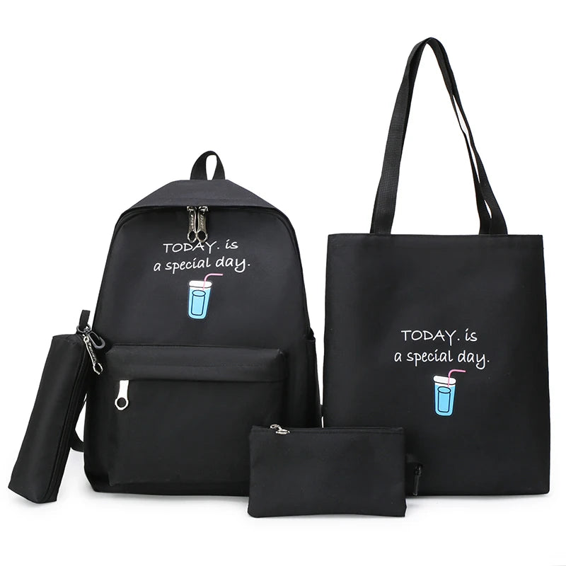 4 Pcs Female Backpack Canvas Schoolbags for Teenage Girls