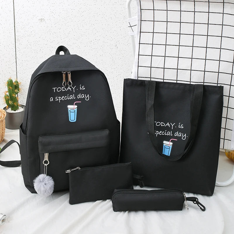 4 Pcs Female Backpack Canvas Schoolbags for Teenage Girls