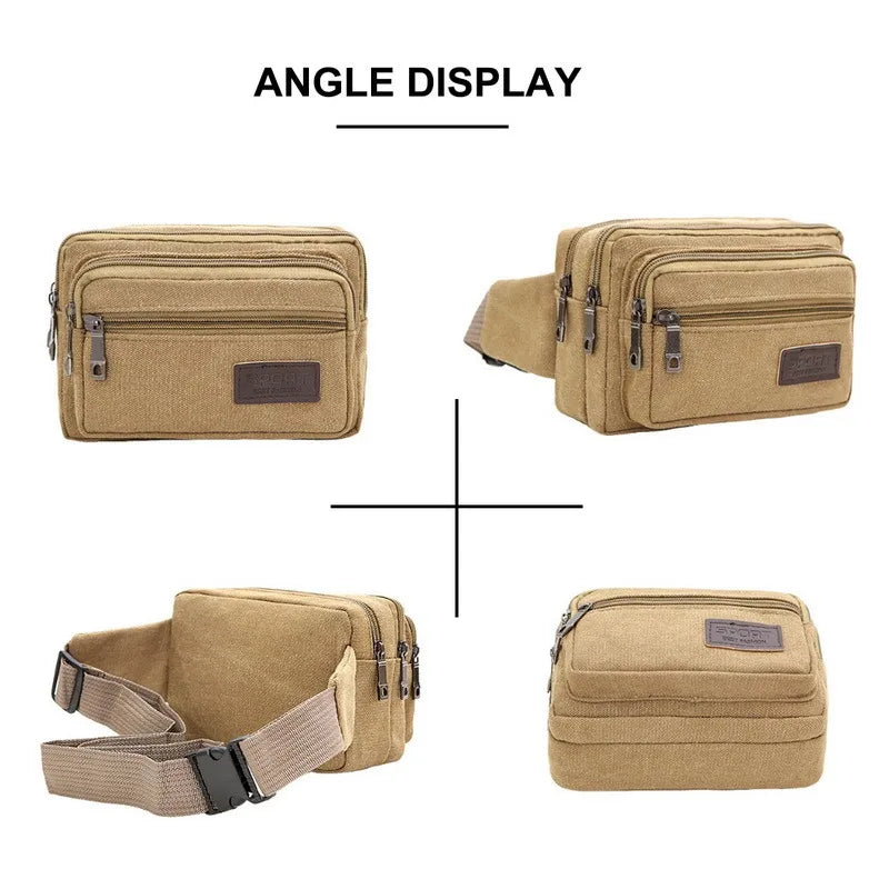 Canvas Waist Bag with 4 Zipper Pockets for Hiking and Travel