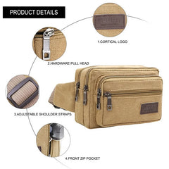 Canvas Waist Bag with 4 Zipper Pockets for Hiking and Travel