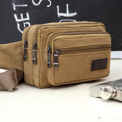 Canvas Waist Bag with 4 Zipper Pockets for Hiking and Travel