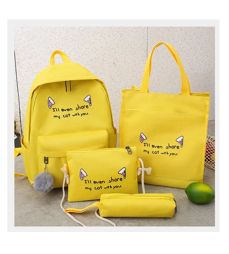 4 pcs Canvas Schoolbags for Teenage Girls Shoulder Bags Female Backpack