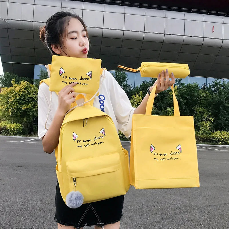 4 pcs Canvas Schoolbags for Teenage Girls Shoulder Bags Female Backpack