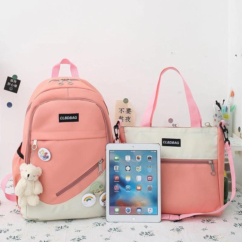 4-piece Canvas Backpack For Teenagers Women Solid Laptop Backpack
