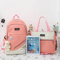 4-piece Canvas Backpack For Teenagers Women Solid Laptop Backpack