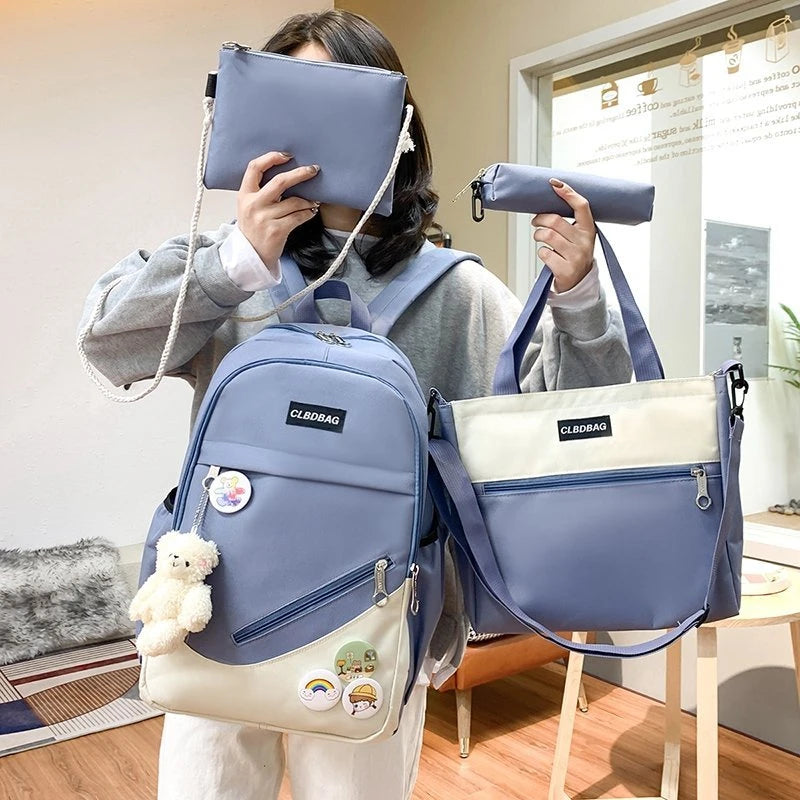 4-piece Canvas Backpack For Teenagers Women Solid Laptop Backpack