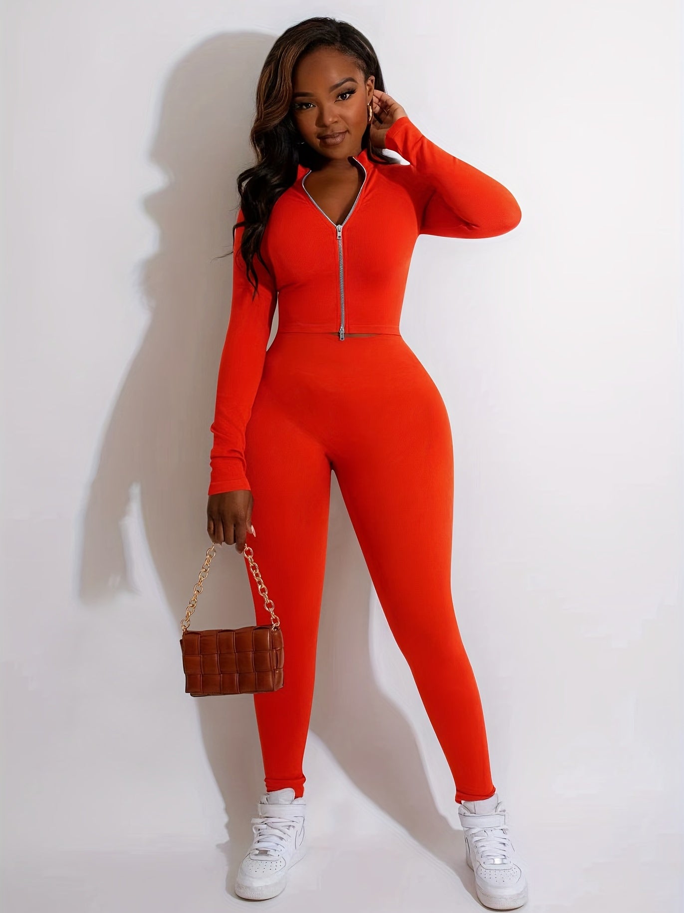 Casual Two-piece Set Zip Up Outerwear & High Waist Pants