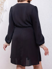 Colorblock Lace Long Sleeve V Neck Drawstring Tassel Mini Dress