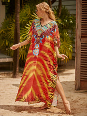 Floral Print Bat Sleeve V Neck Cover Up Dress