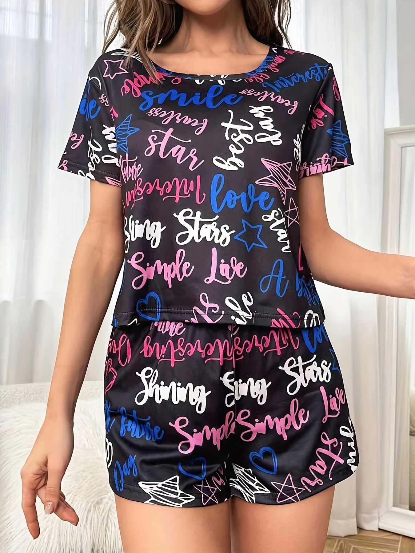 Letter Print Pajama Set Short Sleeve Crew Neck Top & Elastic Waistband Shorts