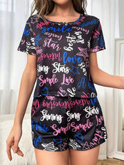 Letter Print Pajama Set Short Sleeve Crew Neck Top & Elastic Waistband Shorts