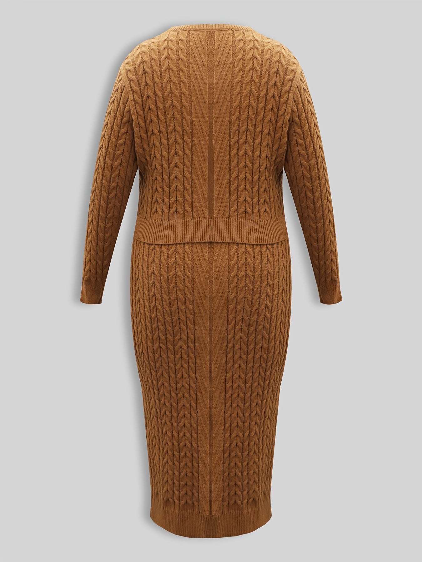 Plus Solid Cable Long Sleeve Sweater & Bodycon Midi Skirt Set