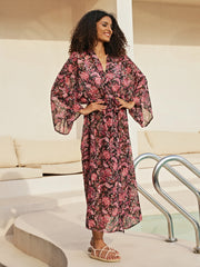Floral Print Tie Belt Chiffon Cover Up Kaftan V Neck Kimono Sleeve